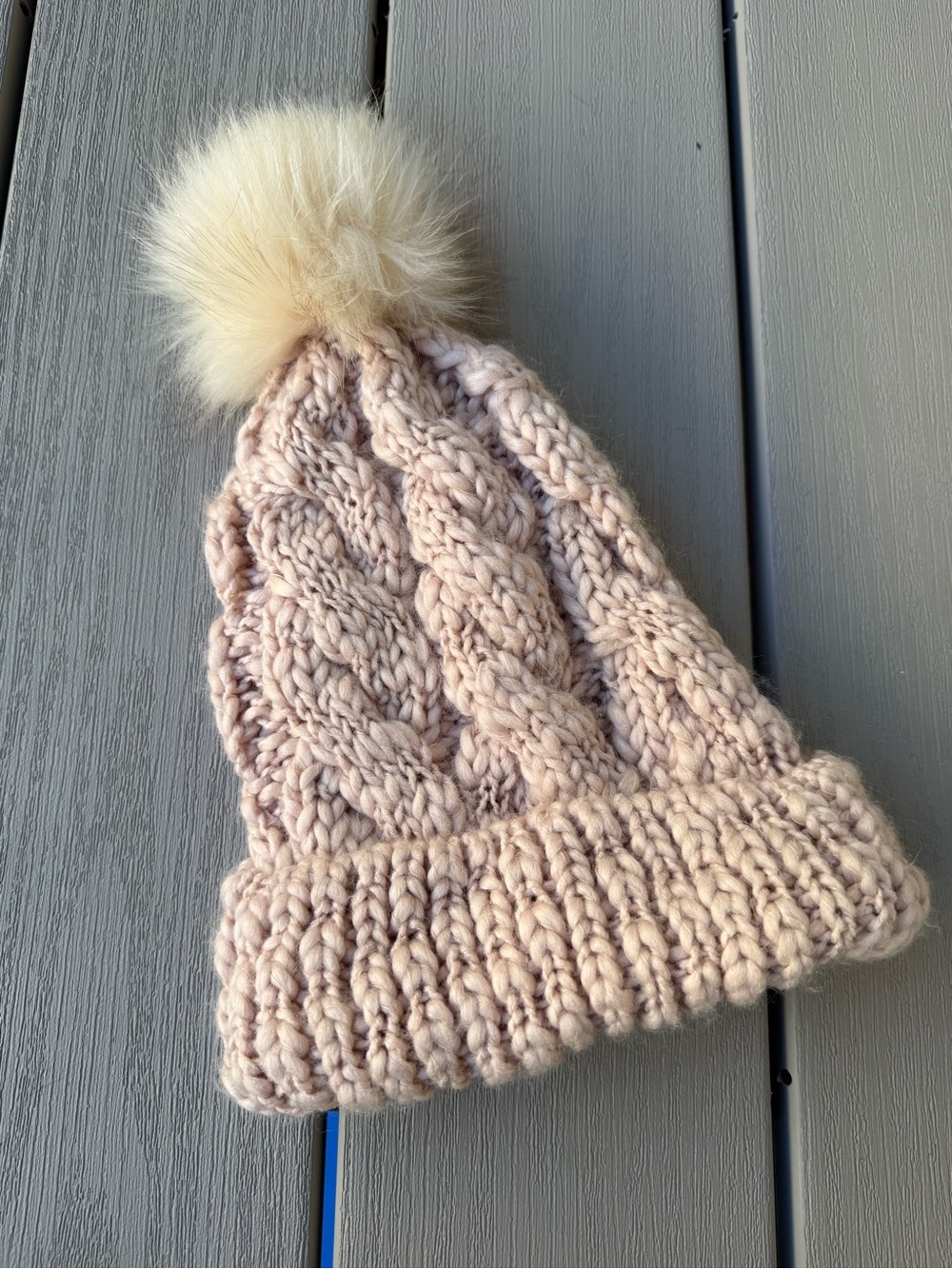 Chunky Cable Knit Pom Pom Beanie Blush Taupe One Size Winter Hat